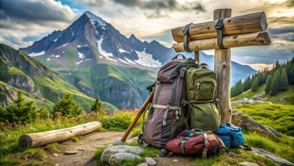 A sturdy, weathered backpack overflowing with hiking gear, including a tent, sleeping bag, and map, rests against a scenic mountain trail's wooden signpost.