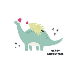 Hand drawn Christmas illustration with funny dinosaur diplodocus. Good for greeting cards, t-shirt designs, prints