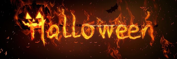 Flaming Halloween text with jack-o-lanterns