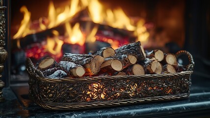 wooden sticks in basket next to Fireplace background