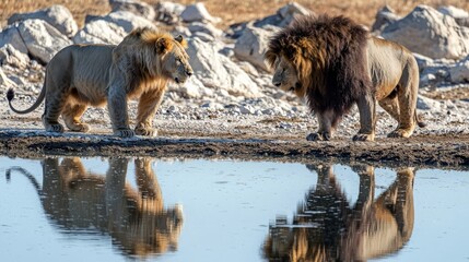 Two Majestic Lions Encounter at a Waterhole