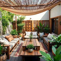 Fototapeta premium Charming Patio Garden with Wooden Furniture and Potted Plants