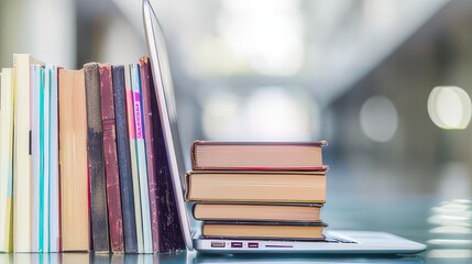 Books and Laptop on Reflective Desk in Library