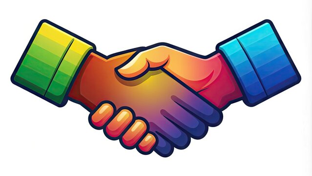A stylized illustration of two diverse hands shaking, symbolizing partnership, agreement, and mutual respect, set against a clean white background with bold outline and vibrant colors.