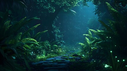 A stone pathway leads through a dense, tropical forest at night, illuminated by glowing fireflies. A Jurassic Park-Inspired.