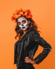 Woman with Day of the Dead Makeup and Leather Jacket