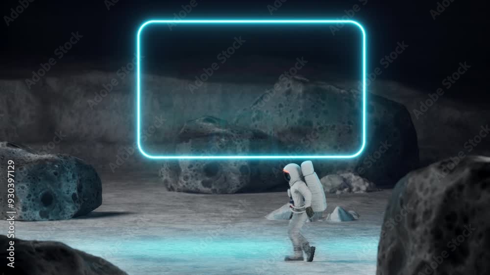 Poster an astronaut performing moonwalk dance move on a moon surface in front of neon frame