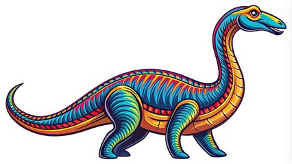 A stylized plesiosaurus icon in bold lines and vibrant colors, featuring a long neck and tail, with a friendly expression on its ancient face.