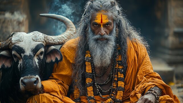 an indian aghori sitting with buffalo