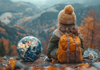 Obraz premium A cute little girl sitting on the ground with her back to us, wearing an oversized hat and carrying a backpack. She is looking at planet Earth