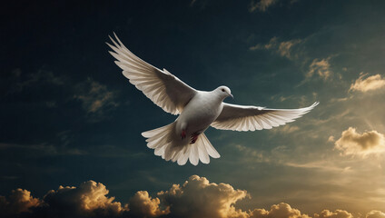 Obraz premium A dove flying in the sky, symbol of peace, freedom and hope, Christianity
