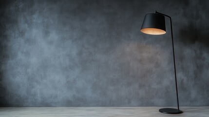 This image presents a sleek and stylish modern floor lamp set against a dark gray wall, providing a chic and contemporary aesthetic ideal for modern interior design.
