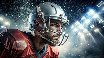 Athletic male player in action, face in side profile, intense expression, sweat on forehead, jersey and helmet reflecting vibrant stadium lights, dramatic shadows.