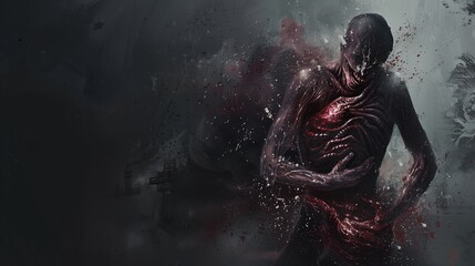 Obraz premium A dark, surreal humanoid figure with a gaping chest, surrounded by a shadowy, ominous atmosphere.