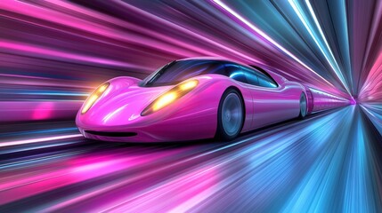 Fototapeta premium Futuristic pink car racing in neon tunnel