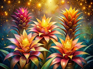 Fantasy ,Elegant and Beautiful Hand Drawn Surrealist Acrylic Painting  Flowers of Bromeliad (Bromeliaceae) , Small Light glowing effect and Gold Leaf effect of  particles