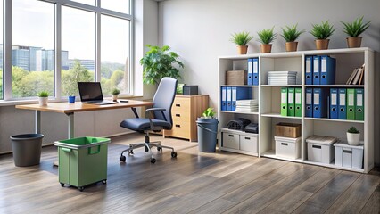 A tidy and organized office space with a newly vacuumed floor, spotless desk, and a recycling bin filled with discarded papers and plastic bottles.