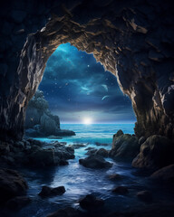 Beautiful coastal cave with crystal-clear ocean waters and rugged cliffs, surrounded by natural landscape and summer vibes