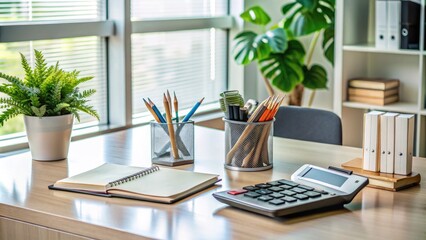 Fototapeta premium A tidy office workspace features a organized desk with essential stationery, a calculator, and a pile of currency, symbolizing productivity and financial management.