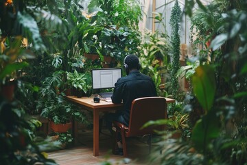 a man at workplace surrounded by plants