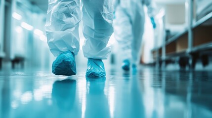 A group of people equipped with protective suits, face masks, and shoe covers walk through a sterile, reflective environment, indicating a highly controlled and possibly medical setting.