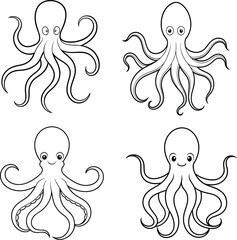 Octopus outline set illustration, line art, sketch, with its tentacles spread out in a fluid motion, drawn with smooth, wavy lines on a white background.