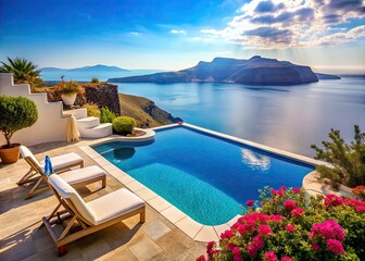 Fototapeta premium a tranquil summer scene unfolds at a picturesque Greek island poolside, overlooking the breathtaking Aegean Caldera landscape in Oia, Greece.