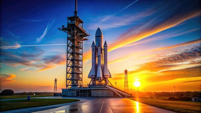 A towering rocket stands vertical on a launchpad at dawn, its sleek metallic body illuminated by the rising sun, against a clear blue Florida sky.