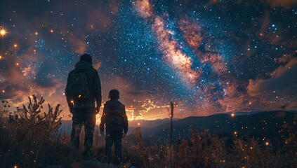 A father and son stand together, gazing at the night sky filled with stars, symbolizing their bond under the celestial canopy.