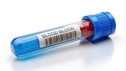 Fototapeta premium A transparent plastic collection tube with a blue cap and labeled sticker, filled with a small amount of blood, on a white background.