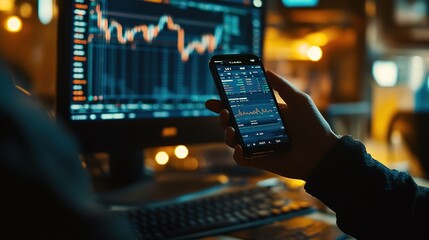 A business professional using a smartphone to monitor stock market data, with financial charts visible on a computer screen