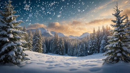 Obraz premium Christmas trees and winter forest. New Year and Christmas concept. AI