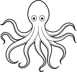 Octopus outline illustration, with its tentacles spread out in a fluid motion, drawn with smooth, wavy lines on a white background.