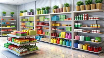 Fototapeta premium Attractive Products Line Retail Store Display Shelves With Various Merchandise, Colorful Packaging, and Neat Arrangement, Inviting Customers to Shop and Explore.