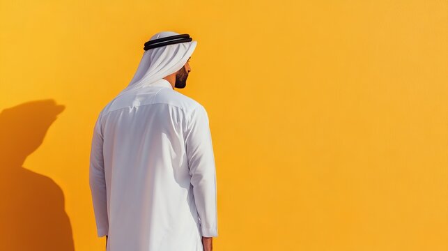 arabic man in traditional gotra and white clothes on yellow background