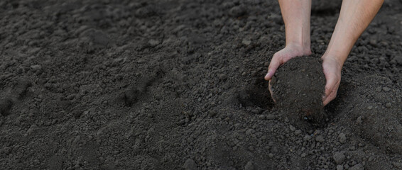 a man holds soil in his hands close-up. Selective focus