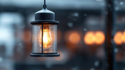An illuminated lantern covered in snow against a winter evening backdrop, creating a picturesque and peaceful winter night scene, accentuating the comforting glow amidst the cold.