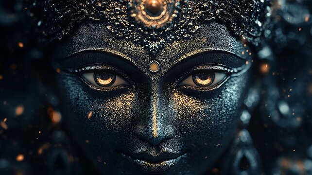 closeup image of illuminated statue face goddess durga