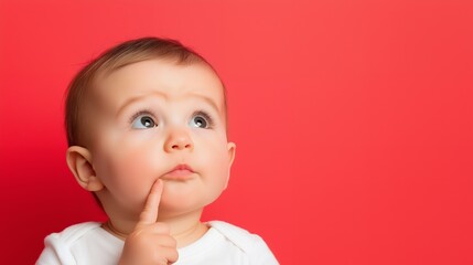 A thoughtful baby looking up with a finger on their chin against a red background.