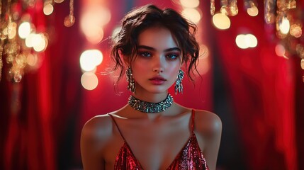 Fototapeta premium A young woman as fashion model in red dress