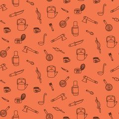 Seamless pattern food and utensils for camping. Vector illustration in doodle style. Concept of camping food and cooking in nature. For backgrounds, textiles, wallpapers, printing.