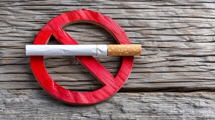 A bold no smoking sign features a cigarette placed on a rustic wooden surface. This image emphasizes the message against smoking. It combines simplicity with a clear statement. AI