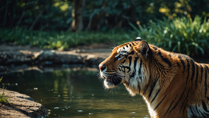 Fototapeta premium Wild Royal Bengal Tiger drinking water from stream