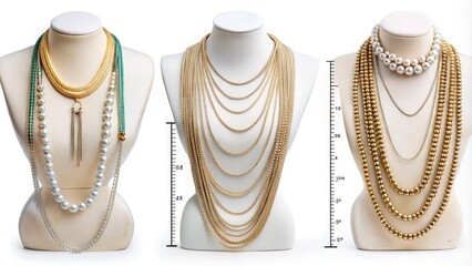 A visual guide illustrating various necklace lengths, from 14 to 36 inches, showcasing different styles on a measuring tape against a clean white background.