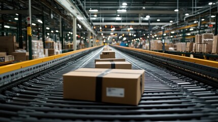 Conveyor elt moving parcels in a postal sorting facility, representing the automation of mail processing.