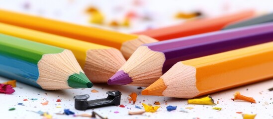 Naklejka premium Colorful Pencils Close-Up with Wood Shavings