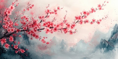 Watercolor Painting of Cherry Blossom Branch Against a Mountainous Landscape