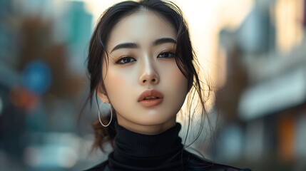 Obraz premium Korean woman with modern makeup and chic fashion, standing against a trendy urban backdrop
