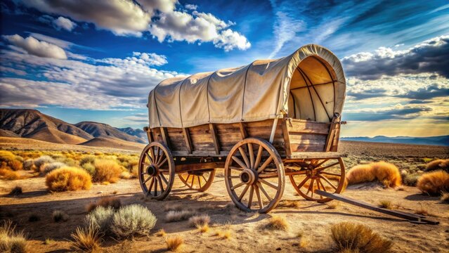 Aweathered Conestoga wagon, adorned with faded canvas and rusty gear, rests in a sun-drenched, dusty landscape, evoking the rugged spirit of the American frontier.
