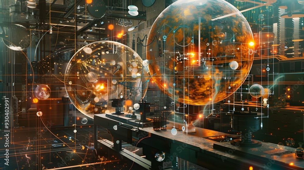 Poster an intricate visualization of experiments testing quantum mechanics and entanglement, featuring high